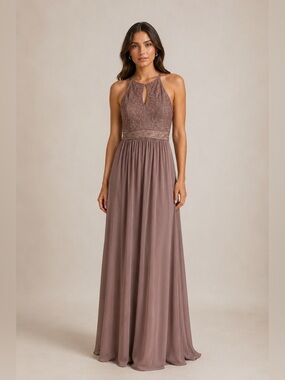 Morgan & Co. Size 7/8 Mauve Embellished Lace Halter Maxi Dress